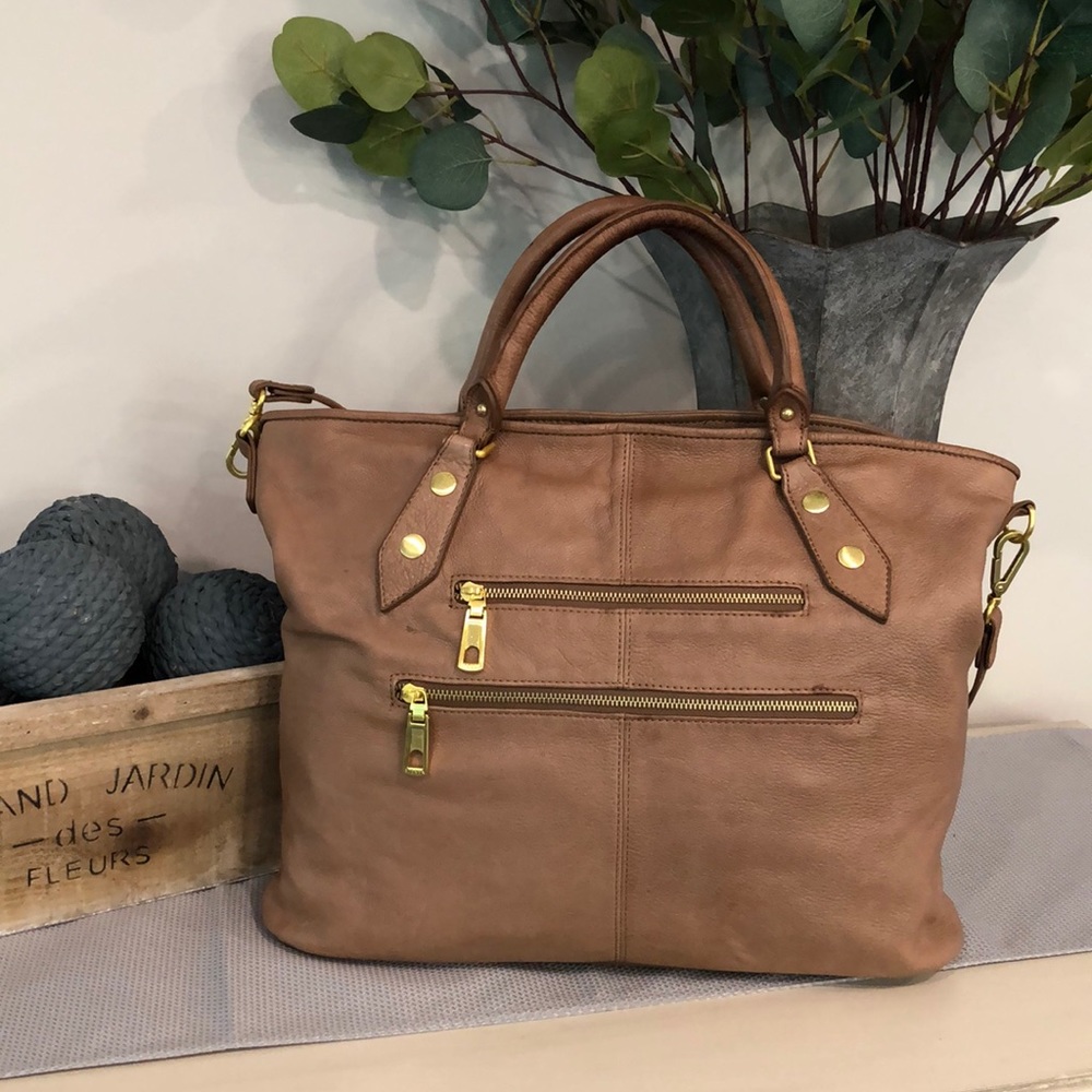 Steven Leather Shoulder Bag Tote Brown Tan Large